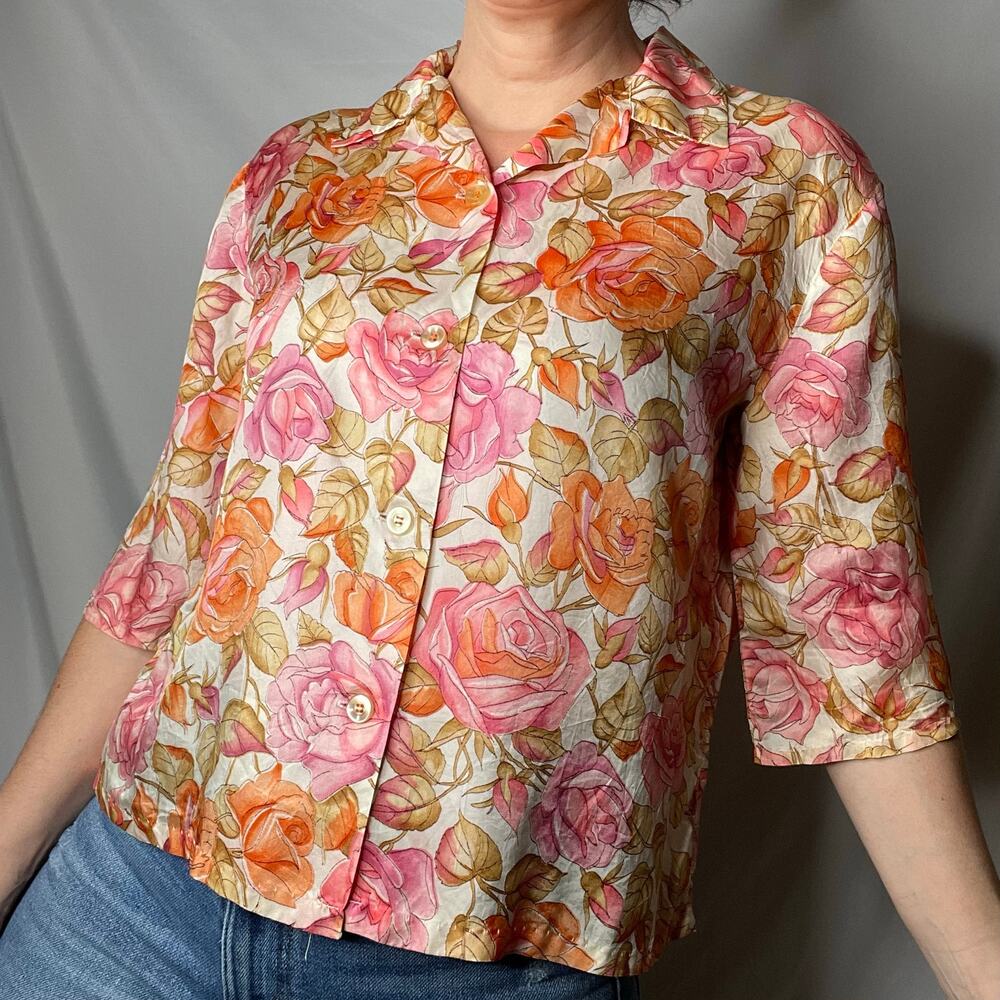 Vintage 70s pink roses print floral 1/2 sleeve‎ blouse button-down top rose L - Picture 9 of 17
